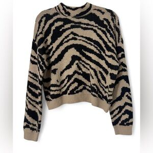 Women’s Zebra Stripe Sweater Medium Drop Shoulder Long Sleeve Tan Black Acrylic